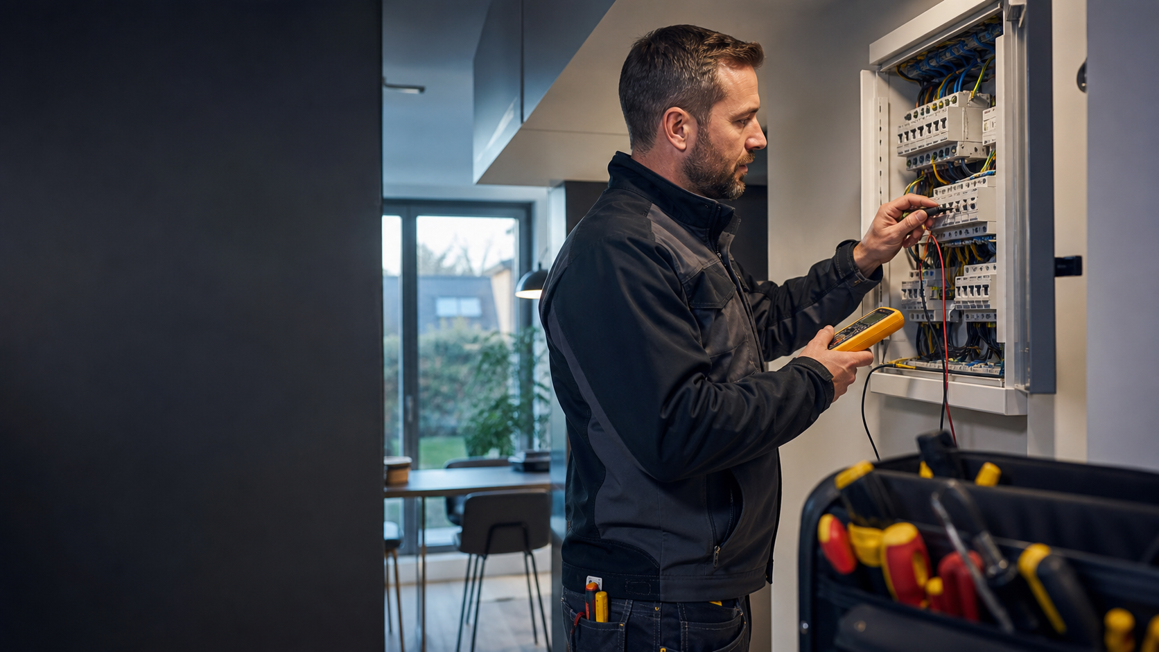 Elektriker pr&uuml;ft einen Schaltschrank mit Messger&auml;t