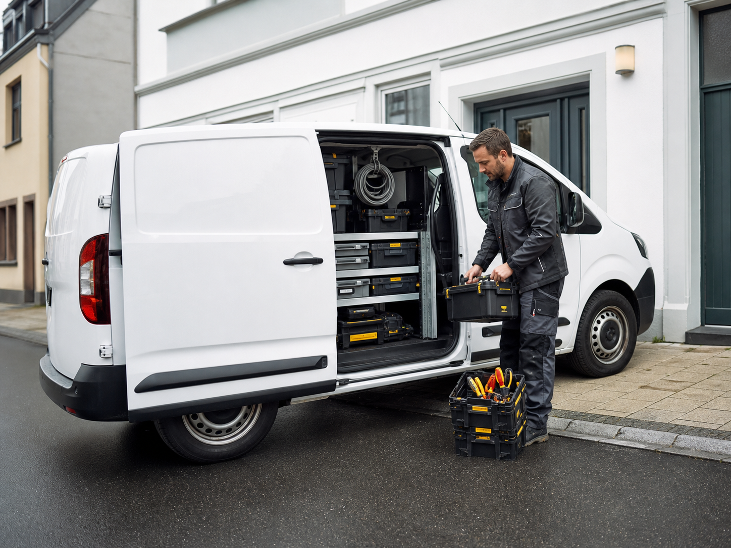 Elektriker mit Werkzeug am Servicefahrzeug vor einem Geb&auml;ude